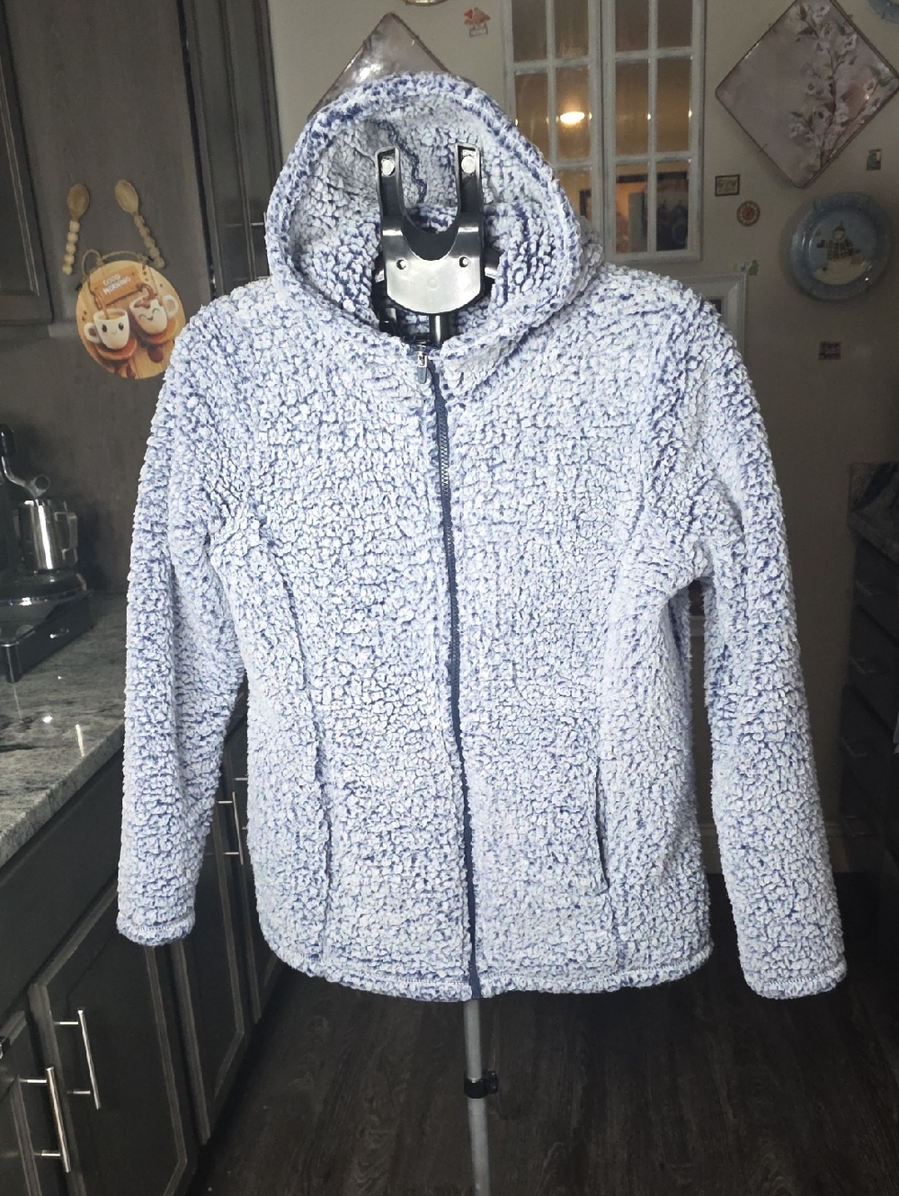 rebels Plush Hooded Teddy Jacket in Light Blue